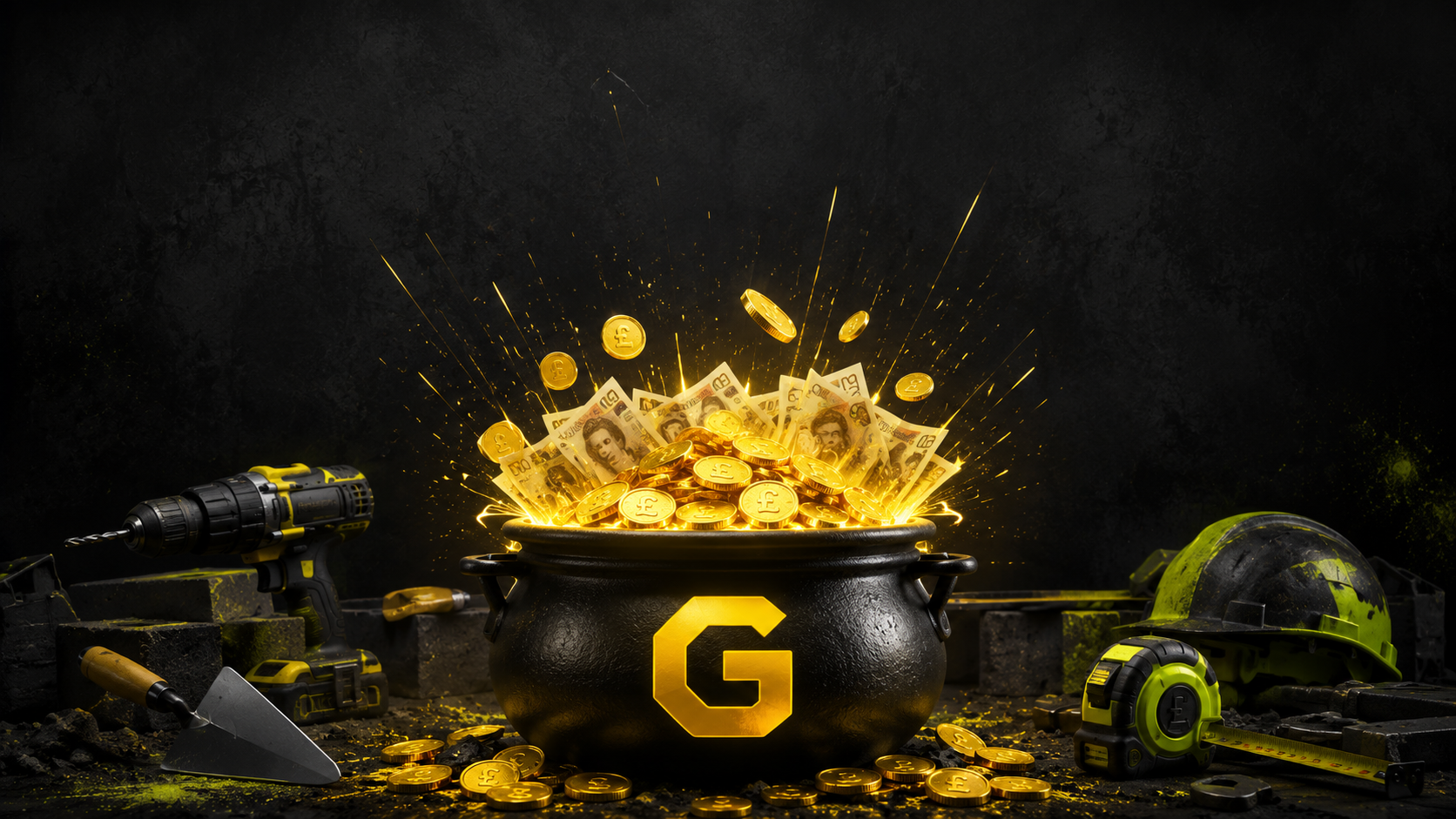 Cast iron pot overflowing with gold coins and cash, surrounded by trade tools